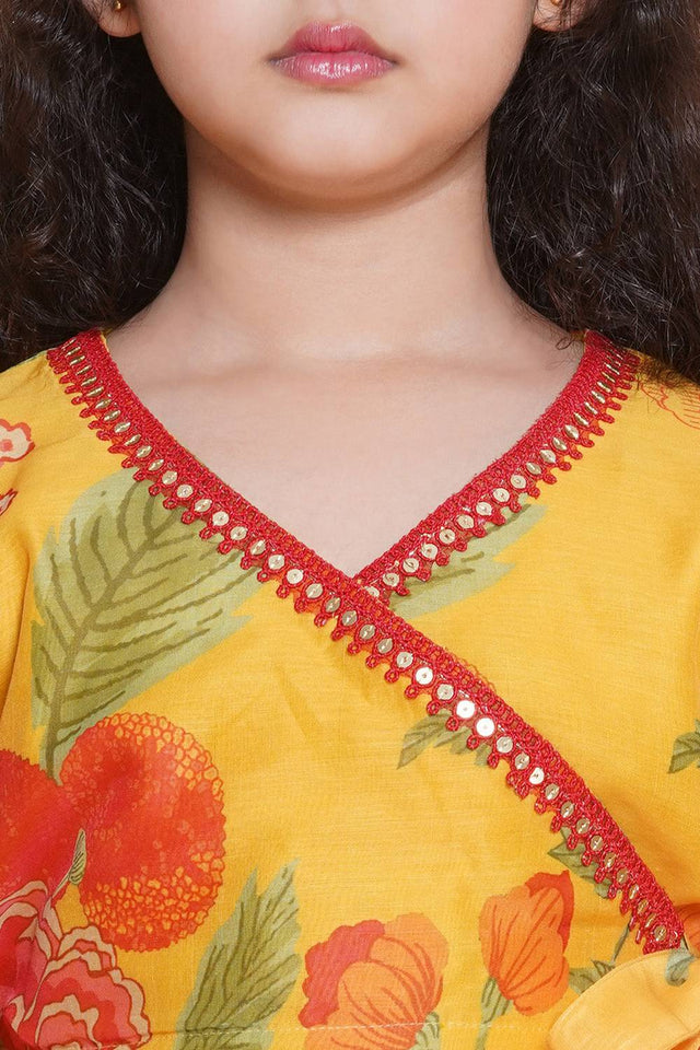 Girl's Yellow Floral Printed Silk Lehenga