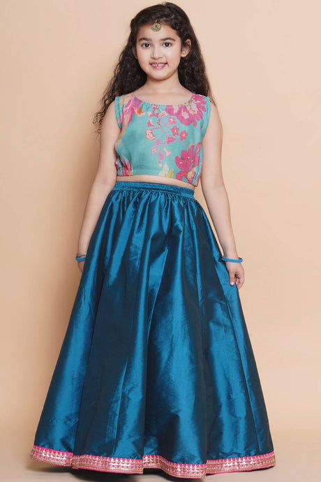 Girl's Blue Floral Printed Silk Lehenga