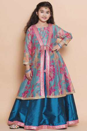 Girl's Blue Floral Printed Silk Lehenga