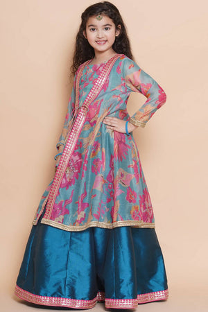 Girl's Blue Floral Printed Silk Lehenga