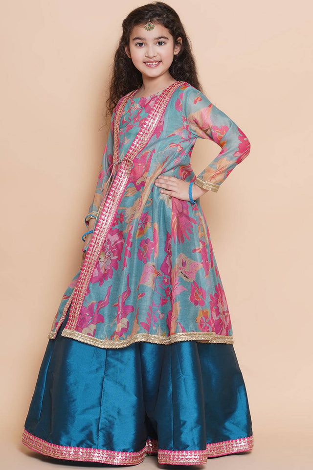 Girl's Blue Floral Printed Silk Lehenga