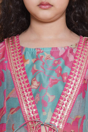 Girl's Blue Floral Printed Silk Lehenga