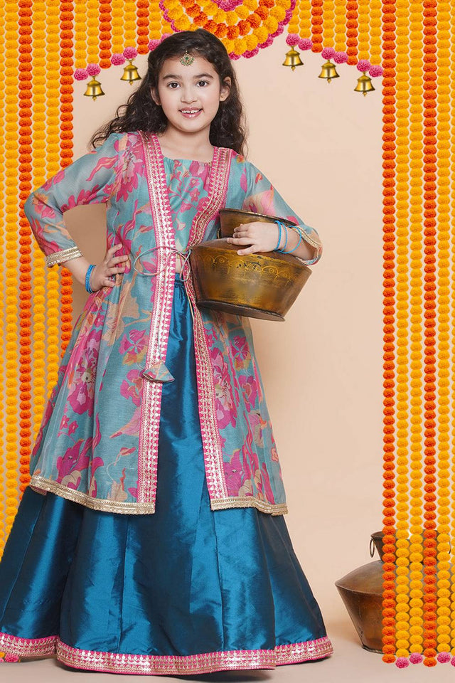 Girl's Blue Floral Printed Silk Lehenga