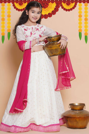Girl's White Solid Silk Lehenga