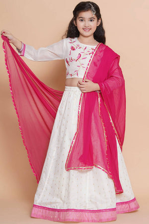 Girl's White Solid Silk Lehenga