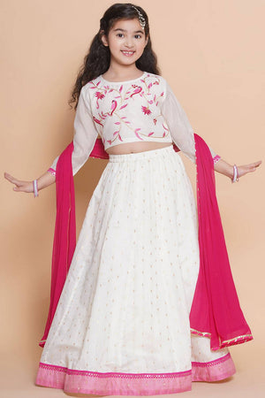 Girl's White Solid Silk Lehenga