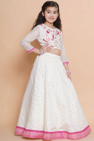 Girl's White Solid Silk Lehenga
