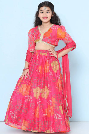 Girl's Pink Floral Printed Silk Lehenga