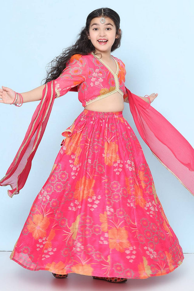 Girl's Pink Floral Printed Silk Lehenga