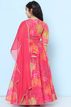 Girl's Pink Floral Printed Silk Lehenga