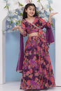 Girl's Violet Floral Printed Silk Lehenga