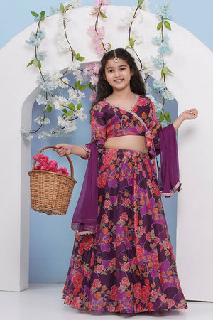 Girl's Violet Floral Printed Silk Lehenga