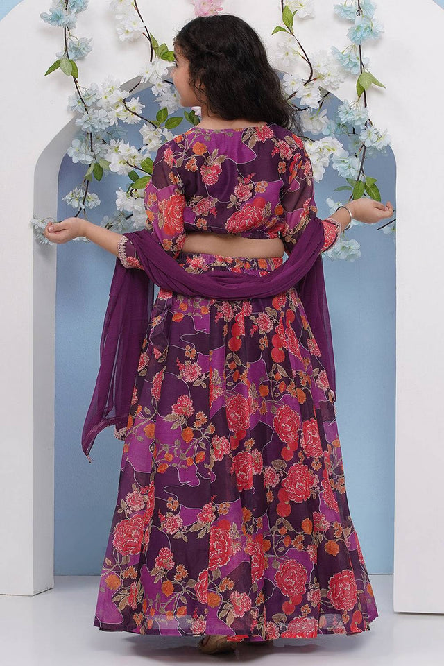 Girl's Violet Floral Printed Silk Lehenga