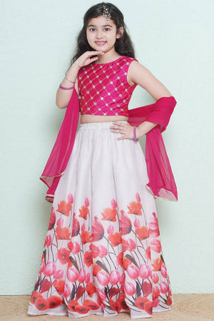 Girl's White Floral Printed Silk Lehenga