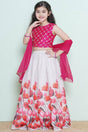 Girl's White Floral Printed Silk Lehenga