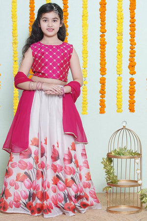 Girl's White Floral Printed Silk Lehenga (N2ZTLHC150)