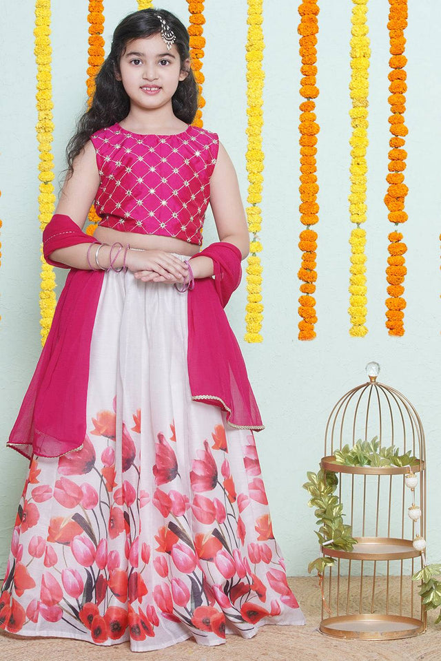 Girl's White Floral Printed Silk Lehenga (N2ZTLHC150)