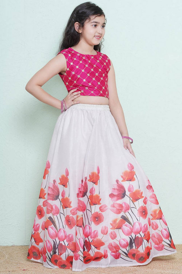 Girl's White Floral Printed Silk Lehenga (N2ZTLHC150)