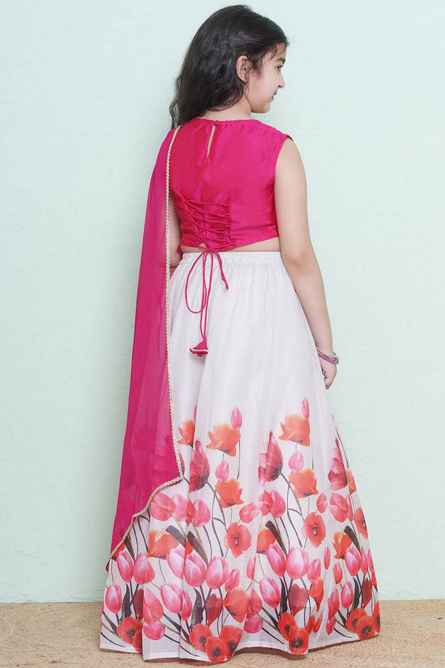 Girl's White Floral Printed Silk Lehenga (N2ZTLHC150)