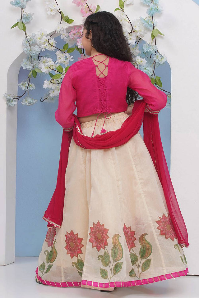 Girl's Pink Floral Printed Silk Lehenga