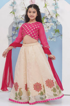 Girl's Pink Floral Printed Silk Lehenga