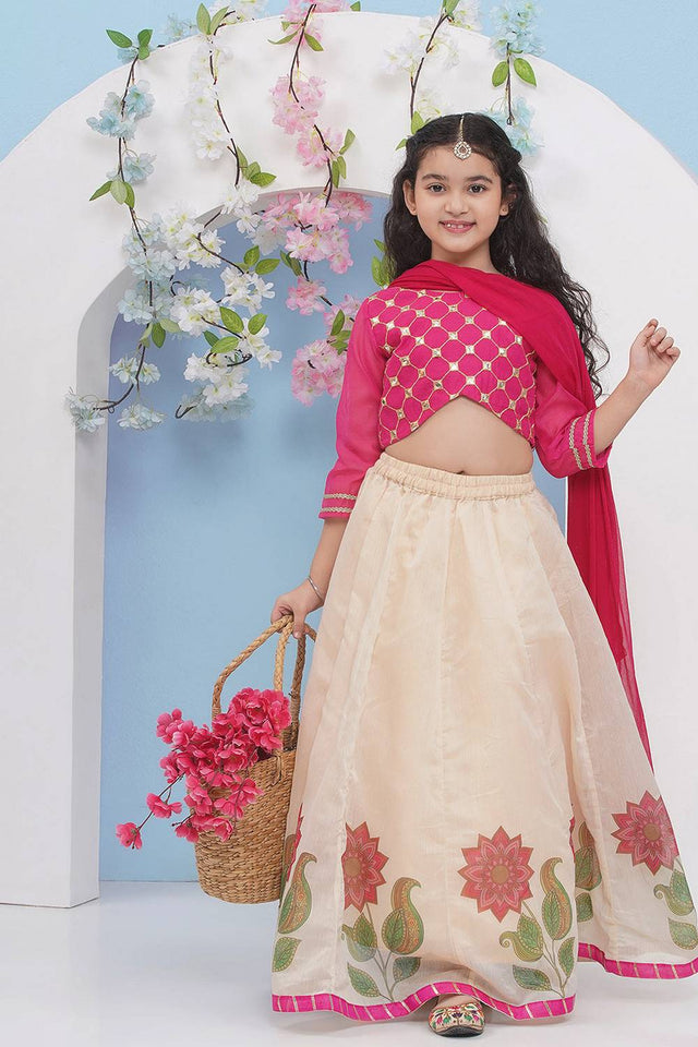 Girl's Pink Floral Printed Silk Lehenga