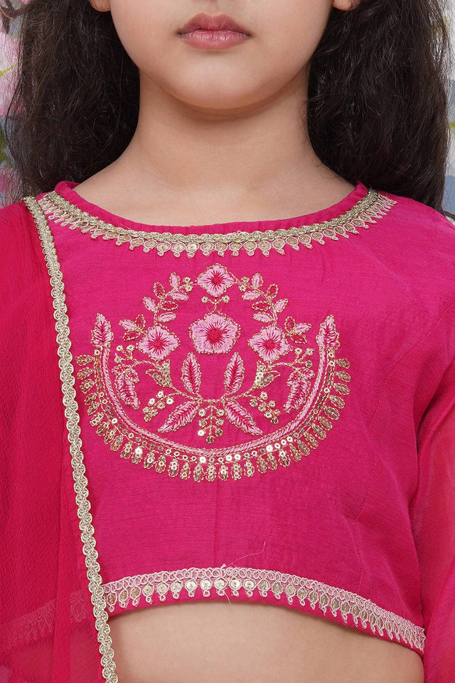 Girl's Magenta Floral Printed Silk Lehenga