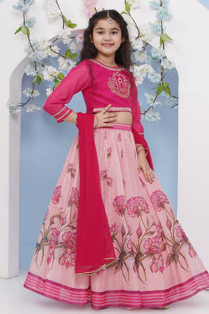 Girl's Magenta Floral Printed Silk Lehenga
