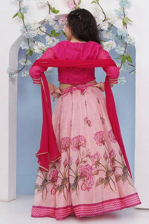 Girl's Magenta Floral Printed Silk Lehenga