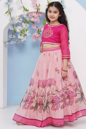 Girl's Magenta Floral Printed Silk Lehenga