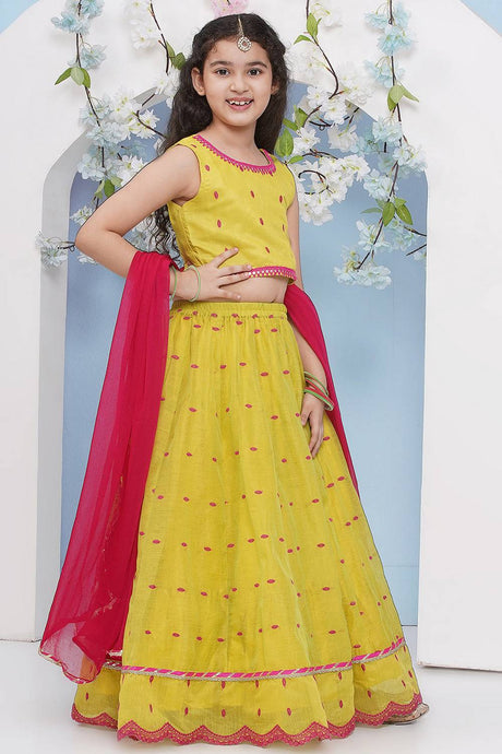 Girl's Yellow Embroidered Silk Lehenga