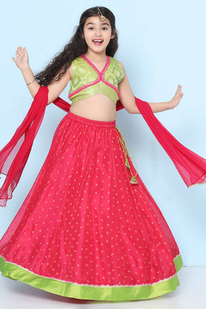 Girl's Pink Woven Silk Lehenga