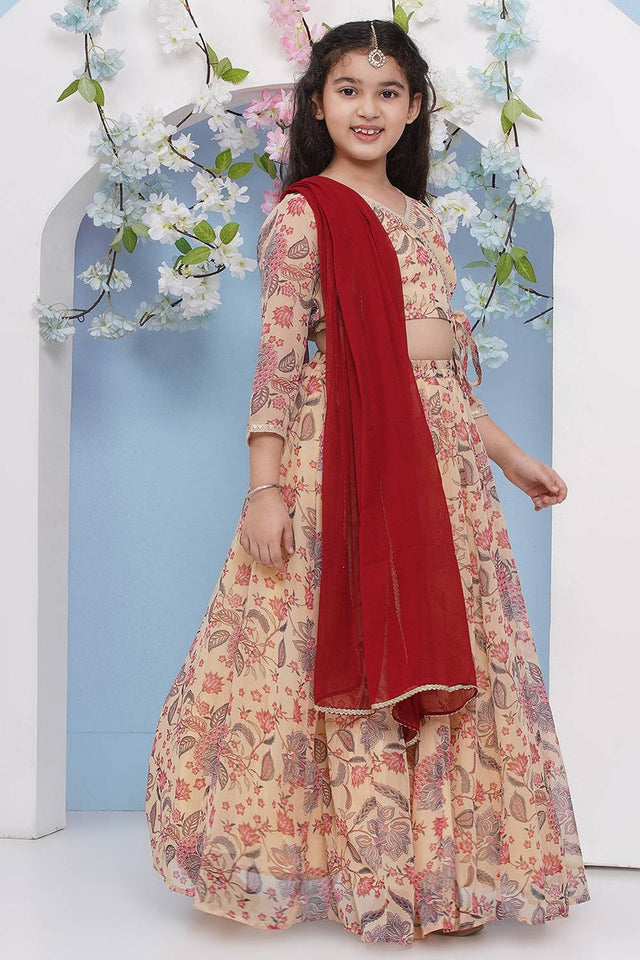 Girl's Beige Floral Printed Georgette Lehenga
