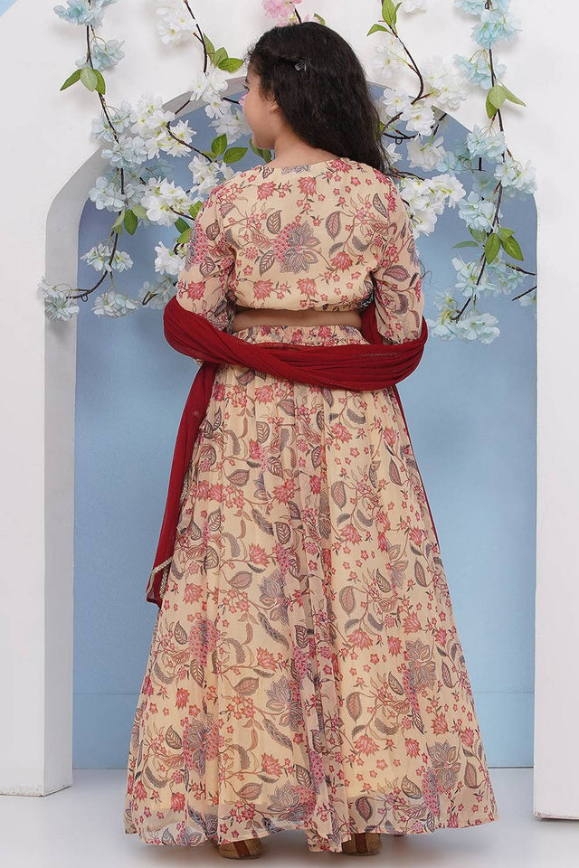 Girl's Beige Floral Printed Georgette Lehenga