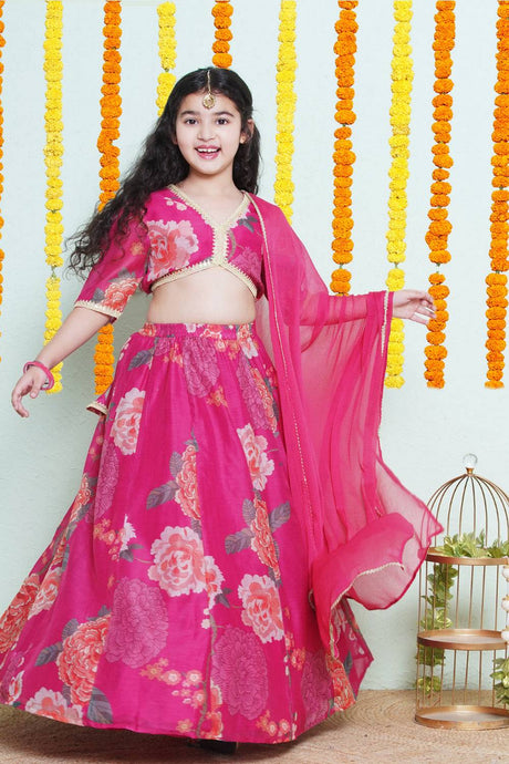 Girl's Pink Floral Printed Silk Lehenga