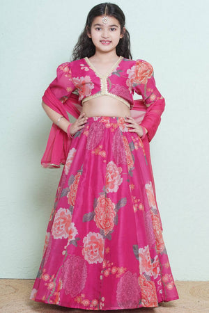 Girl's Pink Floral Printed Silk Lehenga