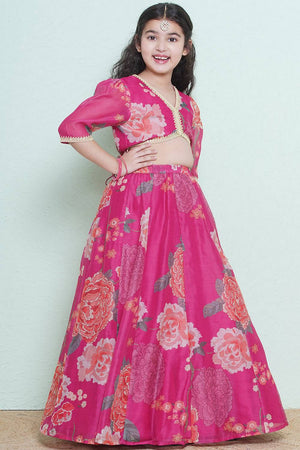 Girl's Pink Floral Printed Silk Lehenga
