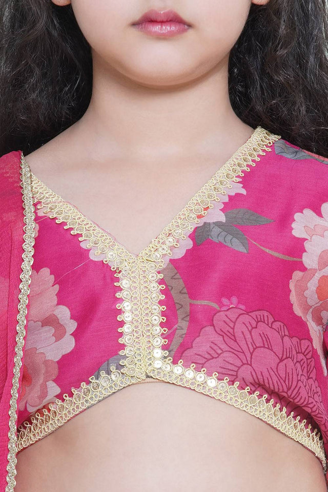 Girl's Pink Floral Printed Silk Lehenga