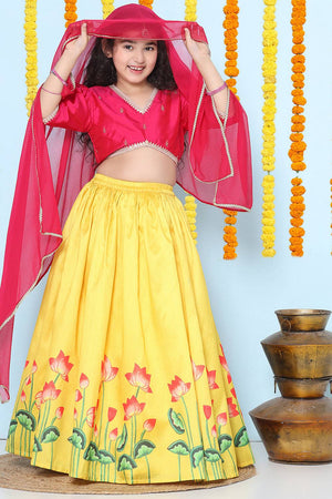 Girl's Yellow Floral Printed Silk Lehenga