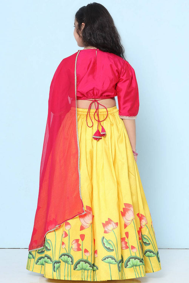 Girl's Yellow Floral Printed Silk Lehenga