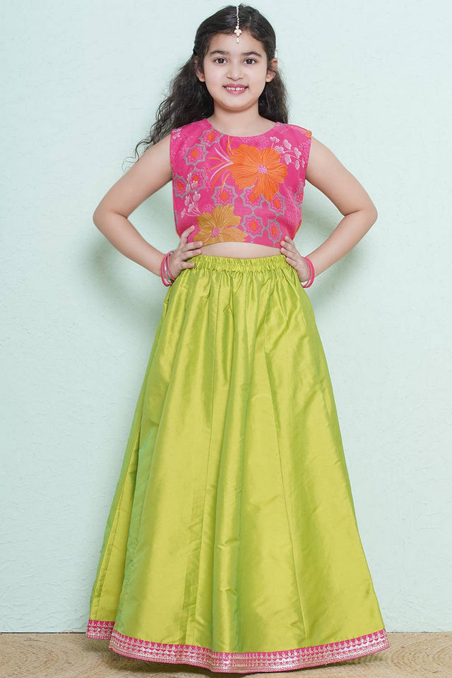 Girl's Green Solid Silk Lehenga
