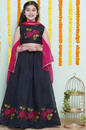 Girl's Black Floral Printed Silk Lehenga