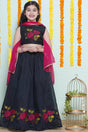 Girl's Black Floral Printed Silk Lehenga