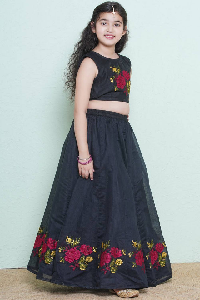 Girl's Black Floral Printed Silk Lehenga