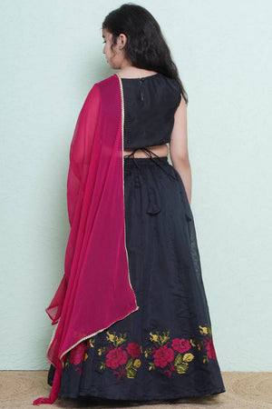Girl's Black Floral Printed Silk Lehenga