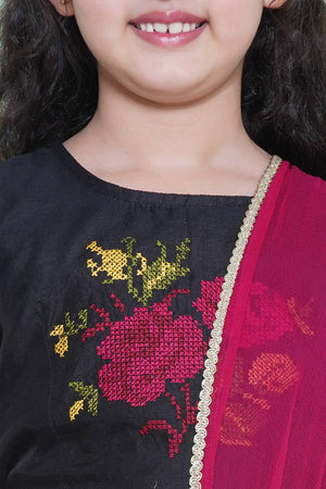 Girl's Black Floral Printed Silk Lehenga