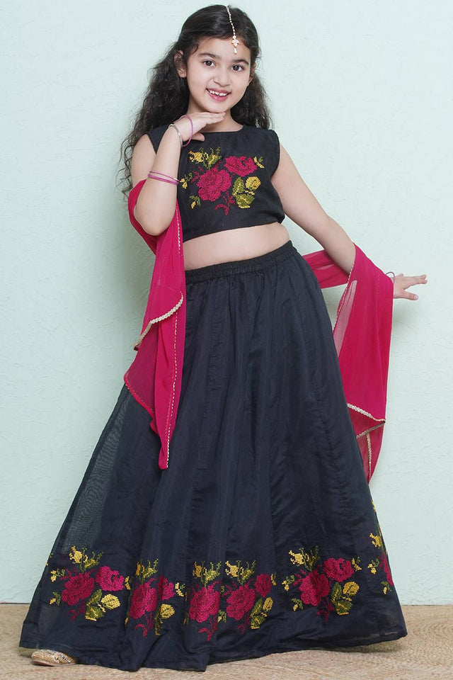 Girl's Black Floral Printed Silk Lehenga