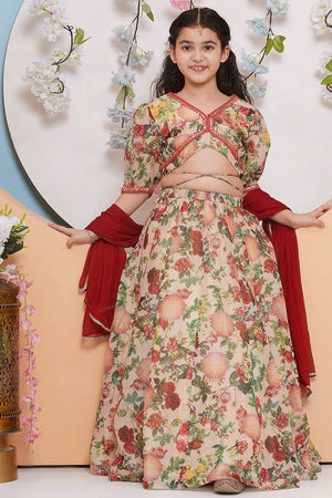 Girl's Beige Floral Printed Silk Lehenga