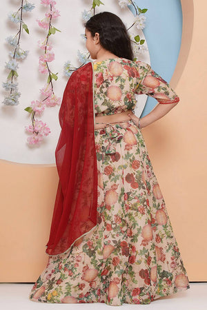 Girl's Beige Floral Printed Silk Lehenga