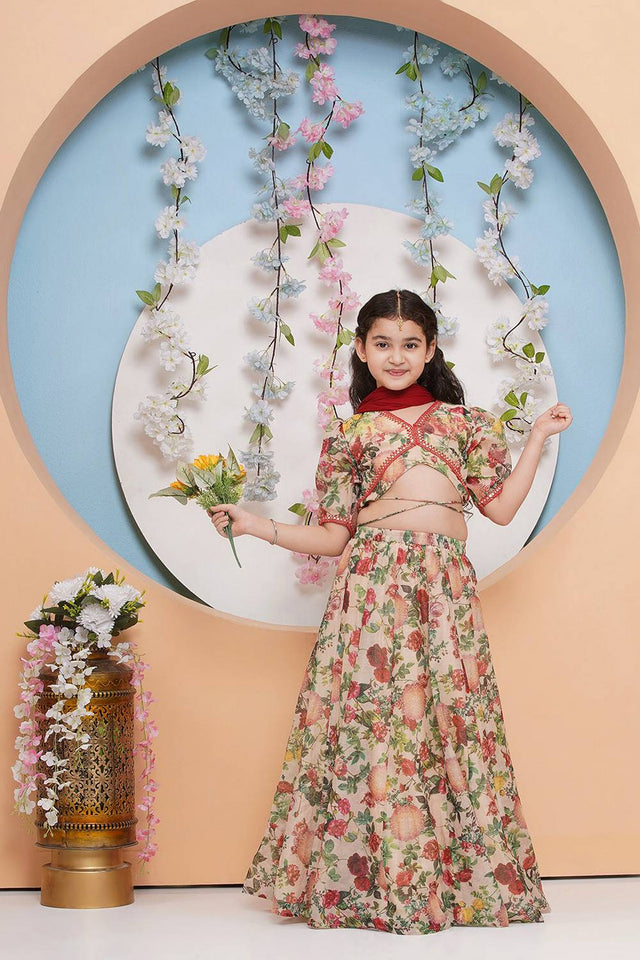 Girl's Beige Floral Printed Silk Lehenga